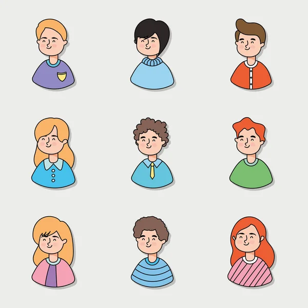 Dibujos animados personas sonriendo conjunto de iconos, diseño colorido — Vector de stock