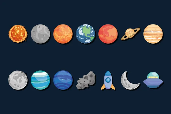 Planetas e elementos espaciais coleção, design colorido —  Vetores de Stock