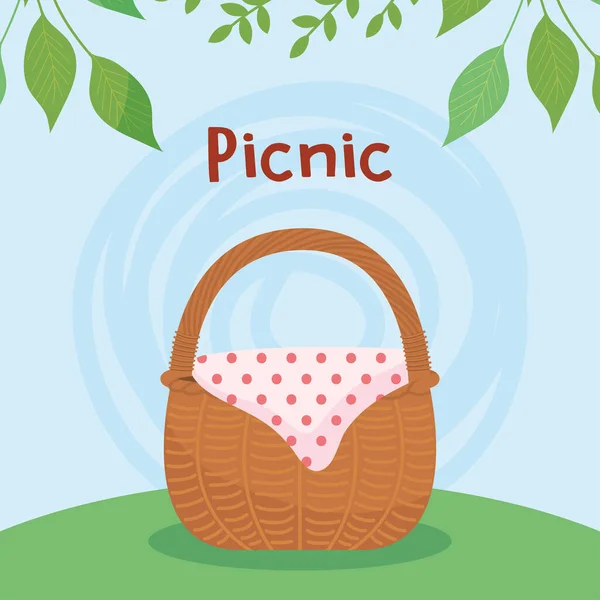 Picknick-Design mit Picknickkorb über blauem Hintergrund und dekorativen Blättern — Stockvektor