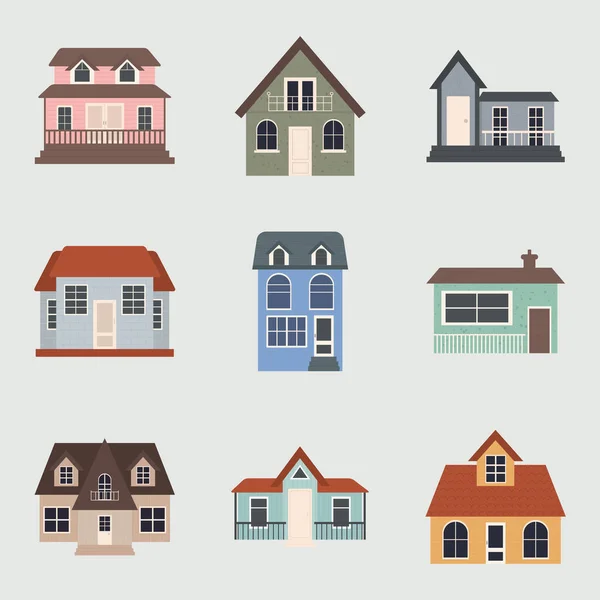 Suburban houses icon set, colorful design — Stock Vector