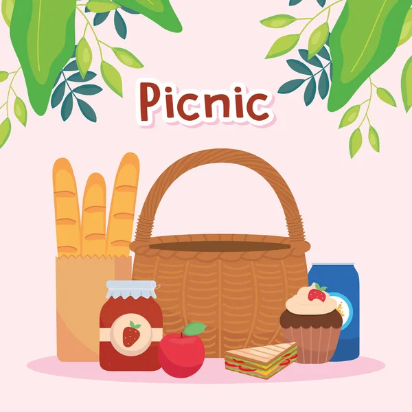 Picknick-Design mit Korb und Essen herum, buntes Design — Stockvektor