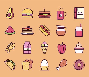 yiyecek çizgisi ve biçim simgeleri grup vektör tasarımı