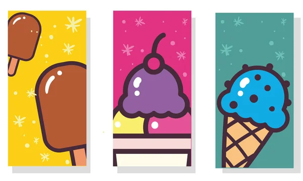 Crèmes glacées avec cône bâtonnets et étiquettes en verre design vectoriel — Image vectorielle