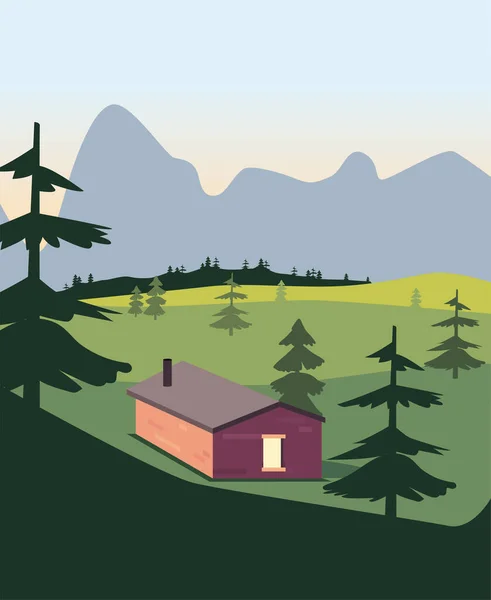 Paisaje de la casa en la montaña con pinos vector de diseño — Vector de stock