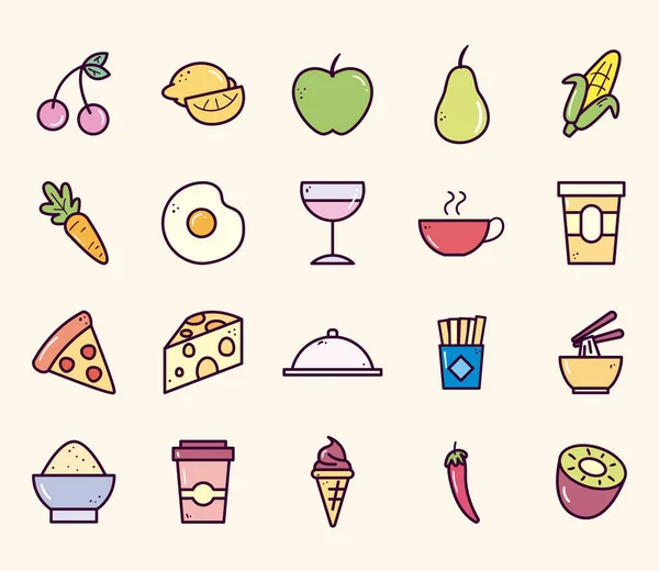 Дизайн векторного набора иконок пищевой линии и стиля заливки — стоковый вектор