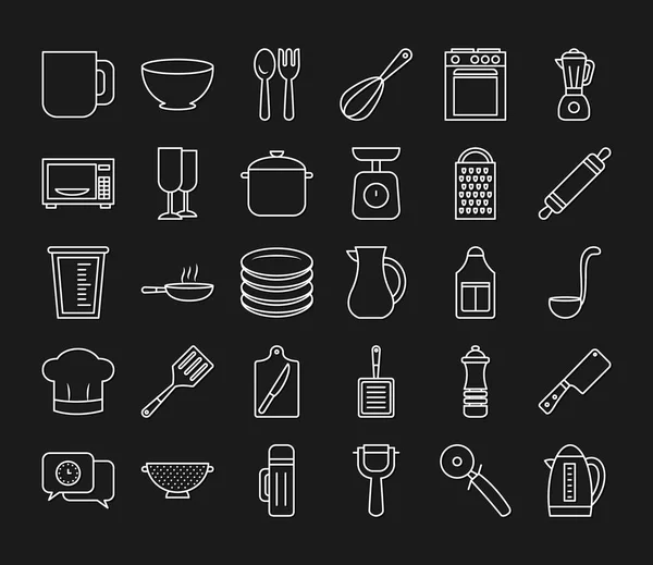 Zestaw ikon elementów kuchennych, linia stylu — Wektor stockowy