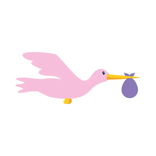 Pink stork with purple bag, flat style — Stock Vector