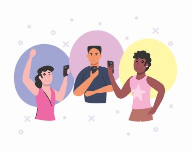 Akıllı telefonlu erkek ve kadınlar vektör tasarımında sohbet ediyorlar