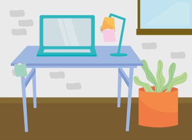 Masa bilgisayarı ve lamba vektör tasarımlı iş yeri