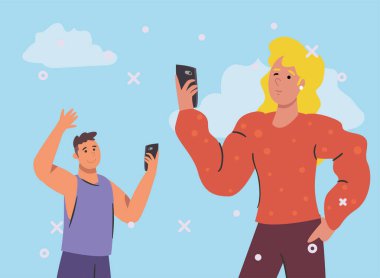 Akıllı telefon ve bulut tasarımı olan kadın ve erkek