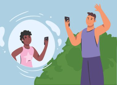 Akıllı telefonlu kadın ve erkek merhaba vektör tasarımı diyor.