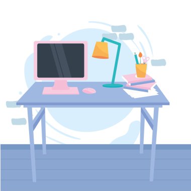 masa bilgisayarı ve kalem vektör tasarımlı işyeri