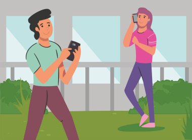 Gri arka plan vektör tasarımının önünde akıllı telefonu olan kadın ve erkek