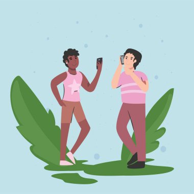 Akıllı telefonlu kadın ve erkek vektör tasarımını bırakıyor