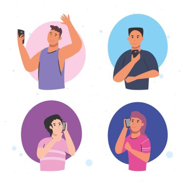 Akıllı telefonlu erkekler ve kadınlar vektör tasarımını arıyor