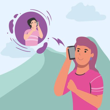 Akıllı telefon kullanan kadın erkek arkadaş vektör tasarımı