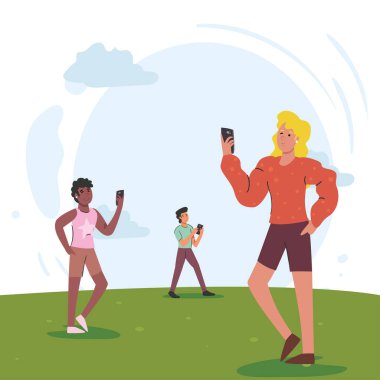 Park vektör tasarımında akıllı telefonu olan insanlar