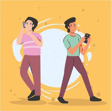 Sarı arkaplan vektör tasarımında akıllı telefona sahip adamlar