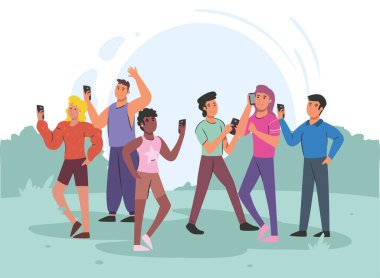 Çalıların önünde akıllı telefonu olan insanlar vektör tasarımı