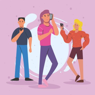 Mor arkaplan vektör tasarımında akıllı telefonu olan insanlar