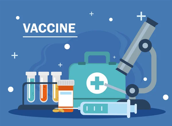Covid 19 virüs aşısı tıbbi malzeme seti mikroskop ve tüpler vektör tasarımı — Stok Vektör