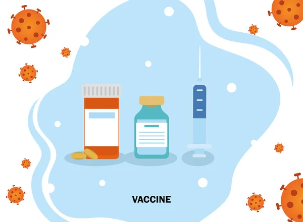 Covid 19 szczepionka wirusowa słoik tabletki i projekt wektora iniekcji — Wektor stockowy