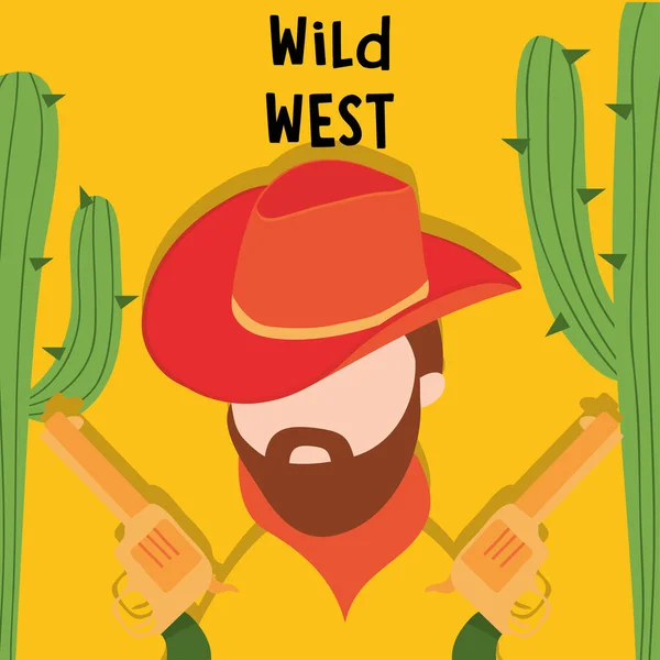 Sauvage ouest cow-boy homme avec des armes et cactus vecteur design — Image vectorielle