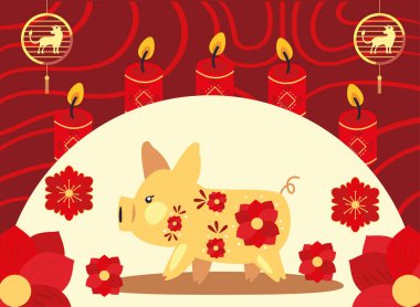 Çin yeni yılı 2021 domuz kırmızı çiçekler ve mum vektör tasarımı