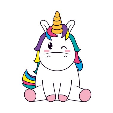 Şirin tek boynuzlu at oturuyor göz kırpıyor, çizgi ve dolgu stili.