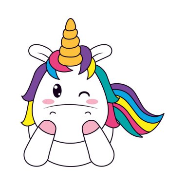 Tatlı tek boynuzlu at göz kırpıyor, çizgi ve dolgu stili