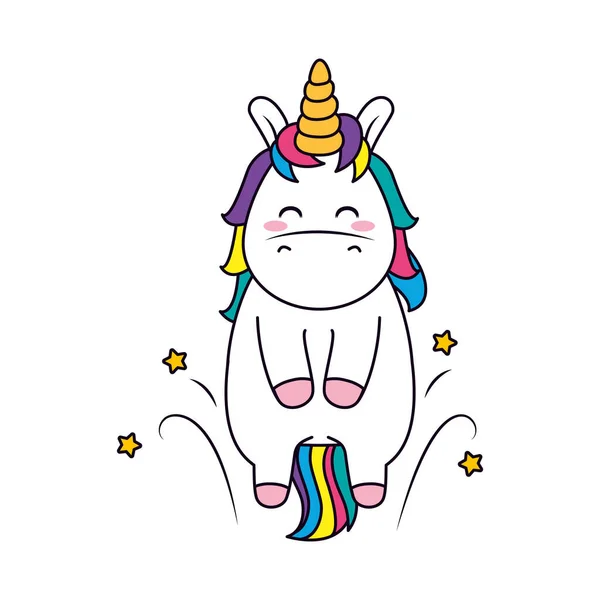 Unicorn lucu dengan bintang-bintang sekitar, garis dan mengisi gaya - Stok Vektor