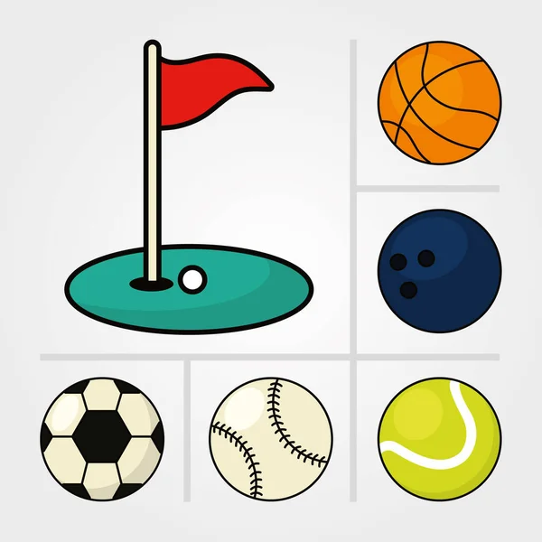 Pelotas deportivas y bandera de golf, línea y estilo de relleno — Vector de stock