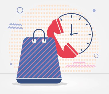 Telefon ve saat simgesi olan alışveriş çantası