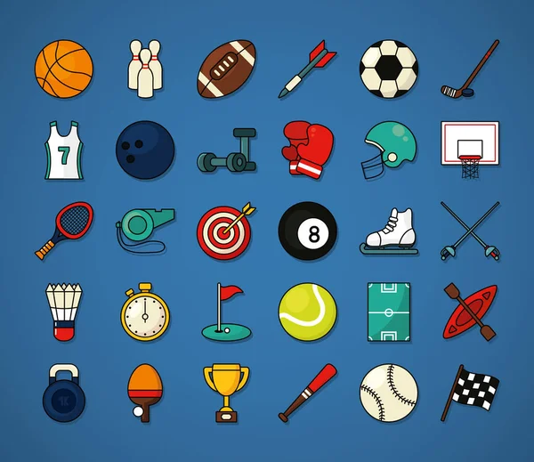 Conjunto de iconos deportivos, línea y estilo de relleno — Vector de stock