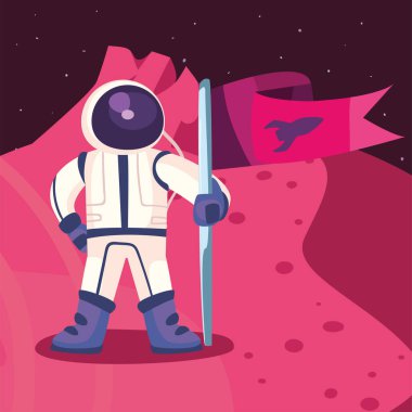 Gezegen vektör tasarımında bayrağı olan bir astronot.