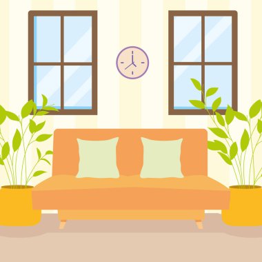 ev turuncu kanepe pencereleri ve bitki vektör tasarımı