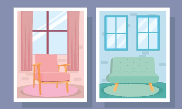 Σπίτι καναπέ και καρέκλα σε πλαίσιο σχεδιασμό διάνυσμα — Διανυσματικό Αρχείο