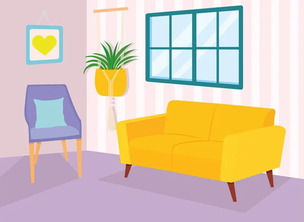 Σπίτι κίτρινο καναπέ καρέκλα φυτικό πλαίσιο και παράθυρο διανυσματικό σχεδιασμό — Διανυσματικό Αρχείο