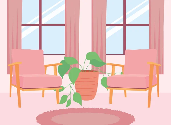 Home sillas rosas planta y ventanas vector de diseño — Archivo Imágenes Vectoriales