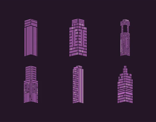 Edificios de color púrpura icono de la ciudad conjunto vector de diseño — Vector de stock