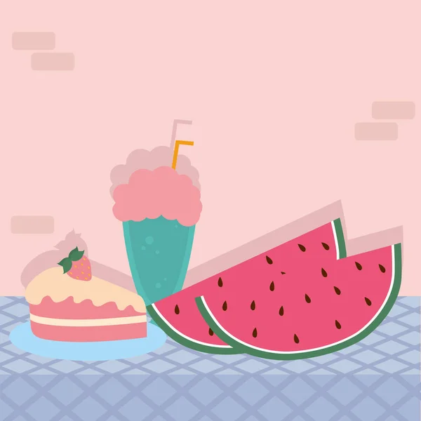 Sweet cake milkshake and watermelon on table vector design — Stock Vector