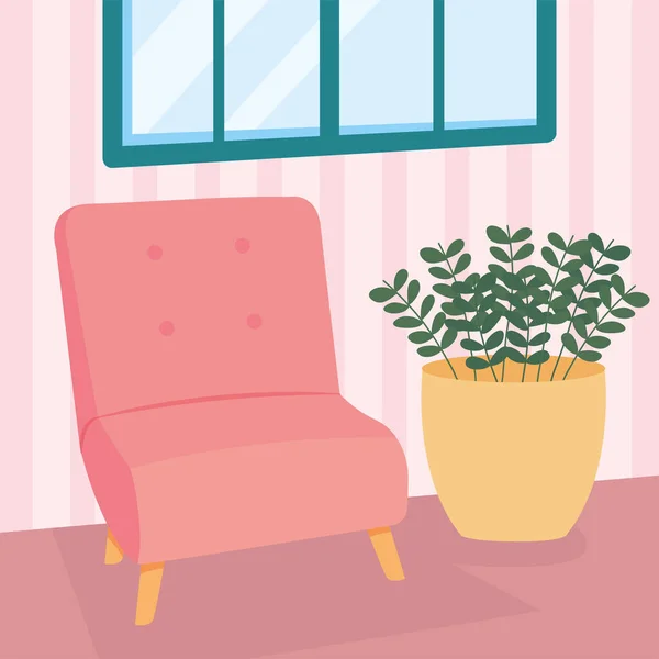 Casa rosa cadeira planta e janela vetor design — Vetor de Stock