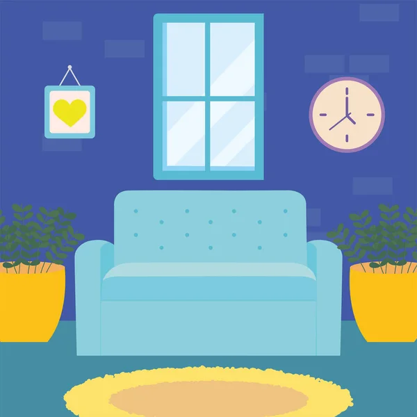 집에 있는 파란색 소파 창 시계와 식물의 벡터 디자인 — 스톡 벡터