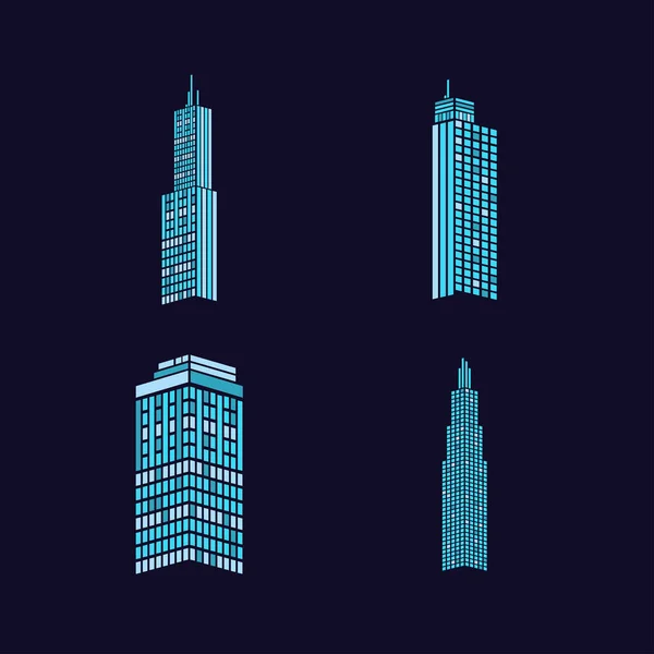 Azul cuatro edificios de la ciudad icono conjunto de diseño de vectores — Vector de stock