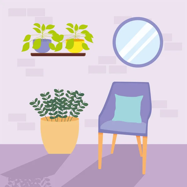 Σπίτι μοβ φυτά καρέκλα στο ράφι και το σχεδιασμό διάνυσμα καθρέφτη — Διανυσματικό Αρχείο