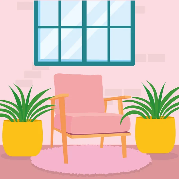 Domácí růžová židle rostliny a okna vektor design — Stockový vektor