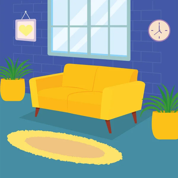Casa sofá amarelo e plantas design vetorial —  Vetores de Stock