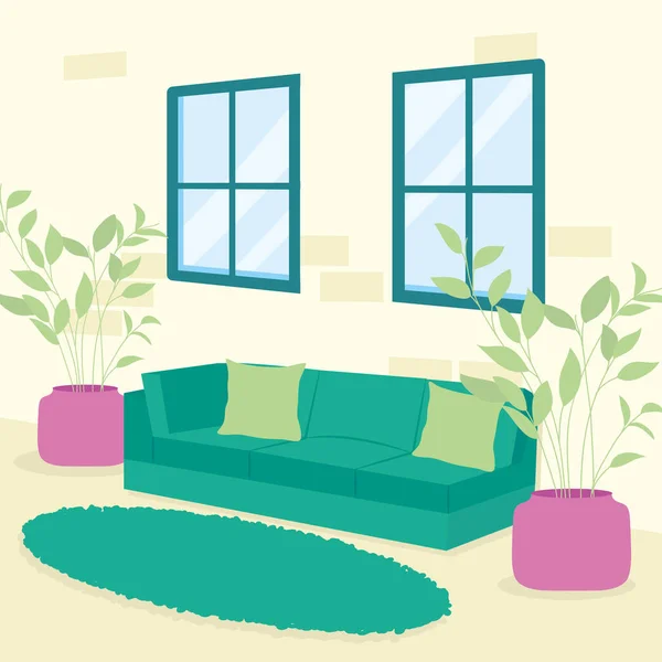 Hem grön soffa och växter vektor design — Stock vektor