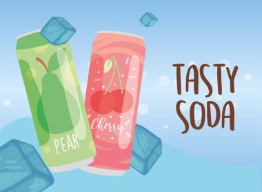 Lezzetli kiraz kutuları ve buz küpleri vektör tasarımlı armut.