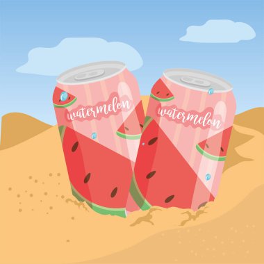 Plaj vektör tasarımında soda kutuları.